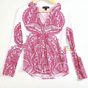 INC Paisley Zipper Detail V Neck Long Sleeve Top